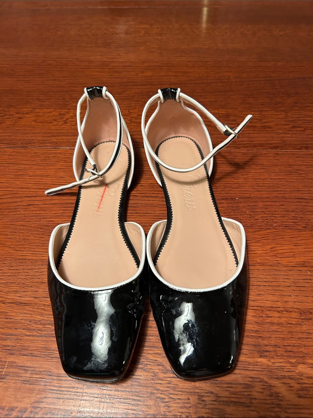 J. Crew Black Patent Flats with White Trim and Ankle Strap